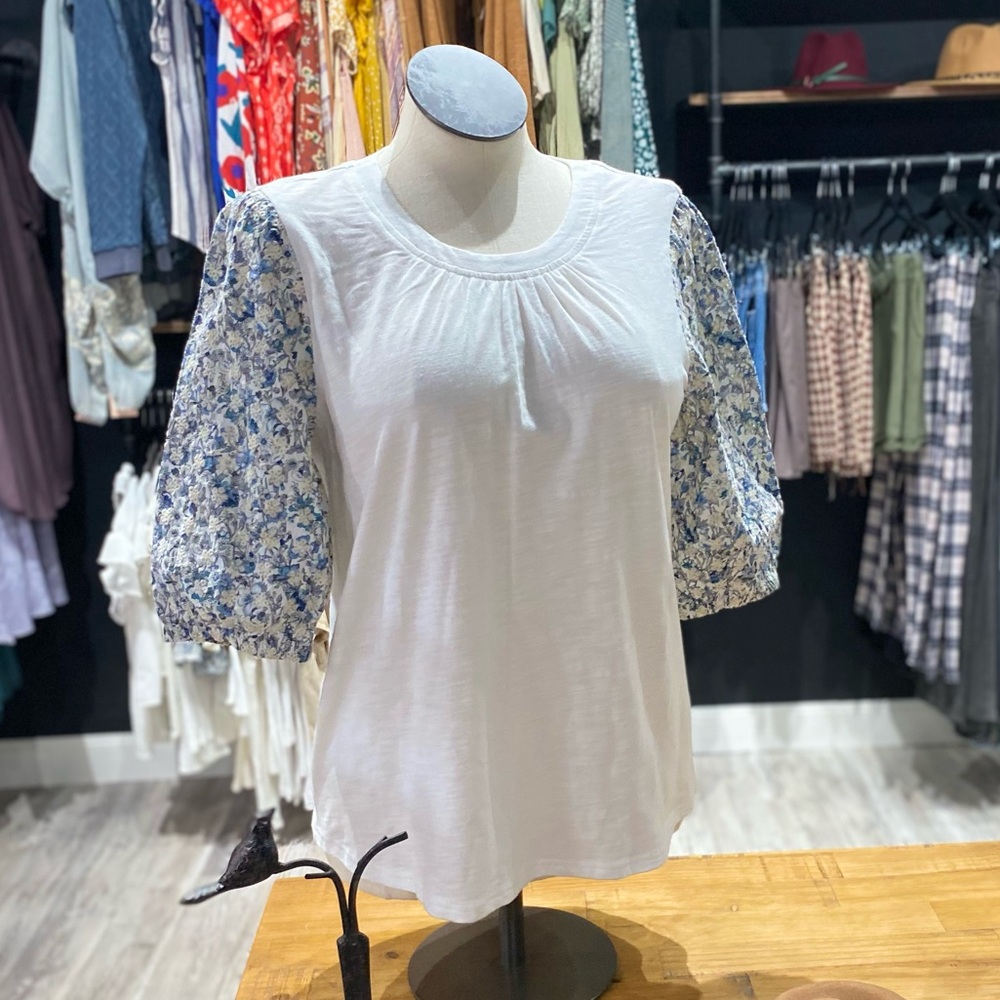 Blue Floral Eyelet Puff Sleeve Top